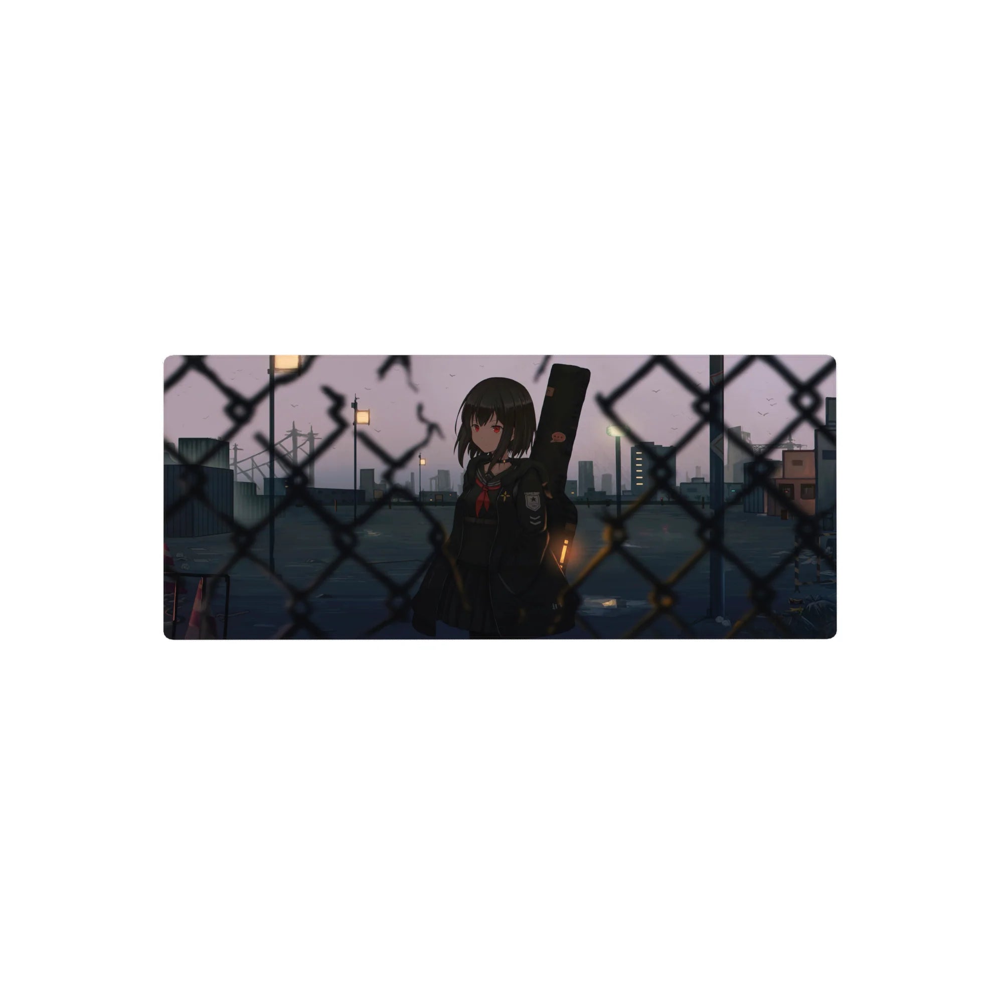28x12 inches anime girl mouse pad with red-eyed schoolgirl by chain-link fence, guitar case, dusk city.
