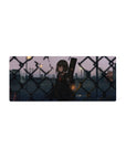 28x12 inches anime girl mouse pad with red-eyed schoolgirl by chain-link fence, guitar case, dusk city.