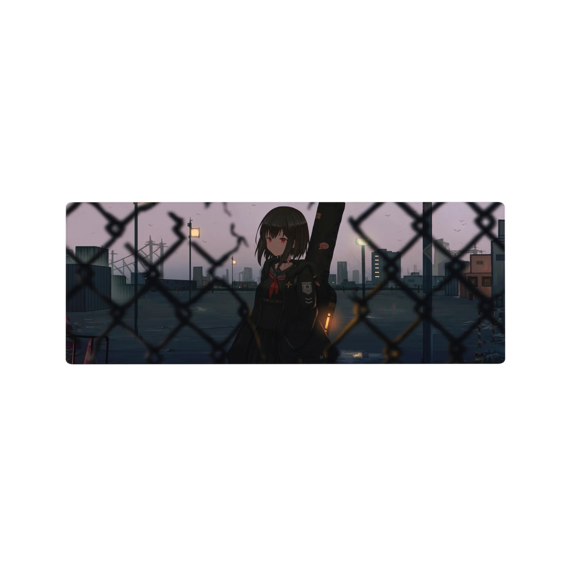 Anime girl mouse pad 32x12 inches with red-eyed schoolgirl, guitar case, chain-link fence at dusk.