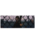 Anime girl mouse pad 32x12 inches with red-eyed schoolgirl, guitar case, chain-link fence at dusk.