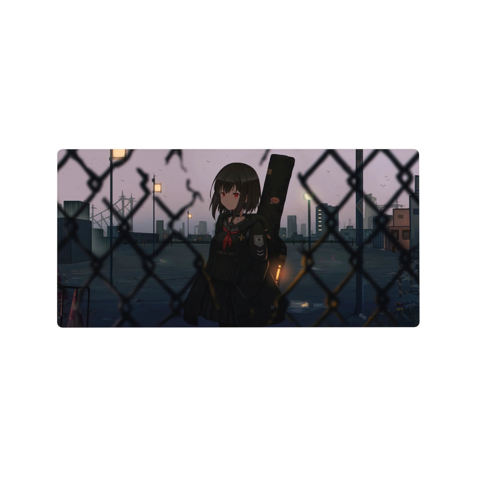 Anime girl mouse pad 32x16 inches, red-eyed schoolgirl with guitar case by chain-link fence at dusk.