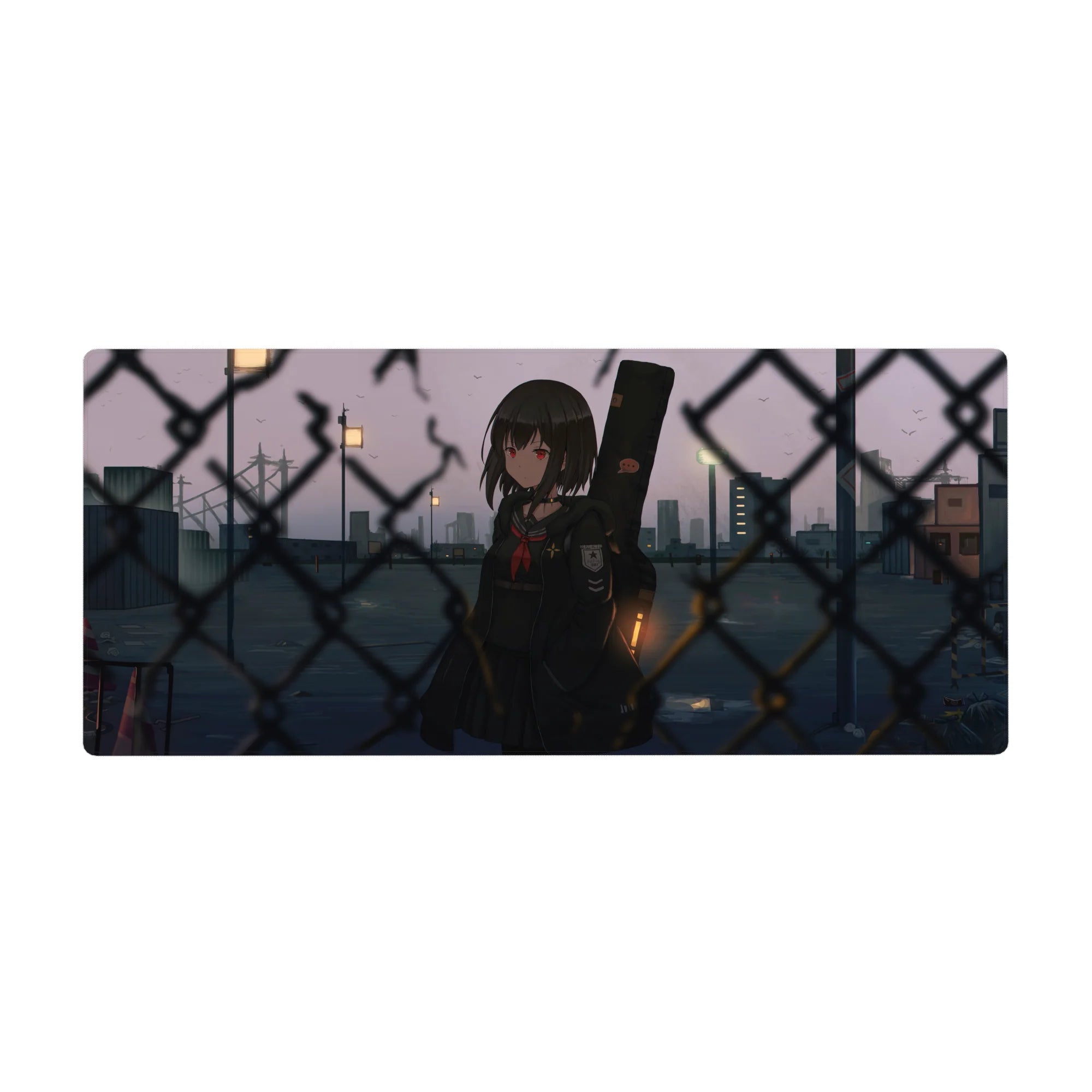 36x16 inches anime girl desk pad with red-eyed schoolgirl and guitar case by chain-link fence at dusk.