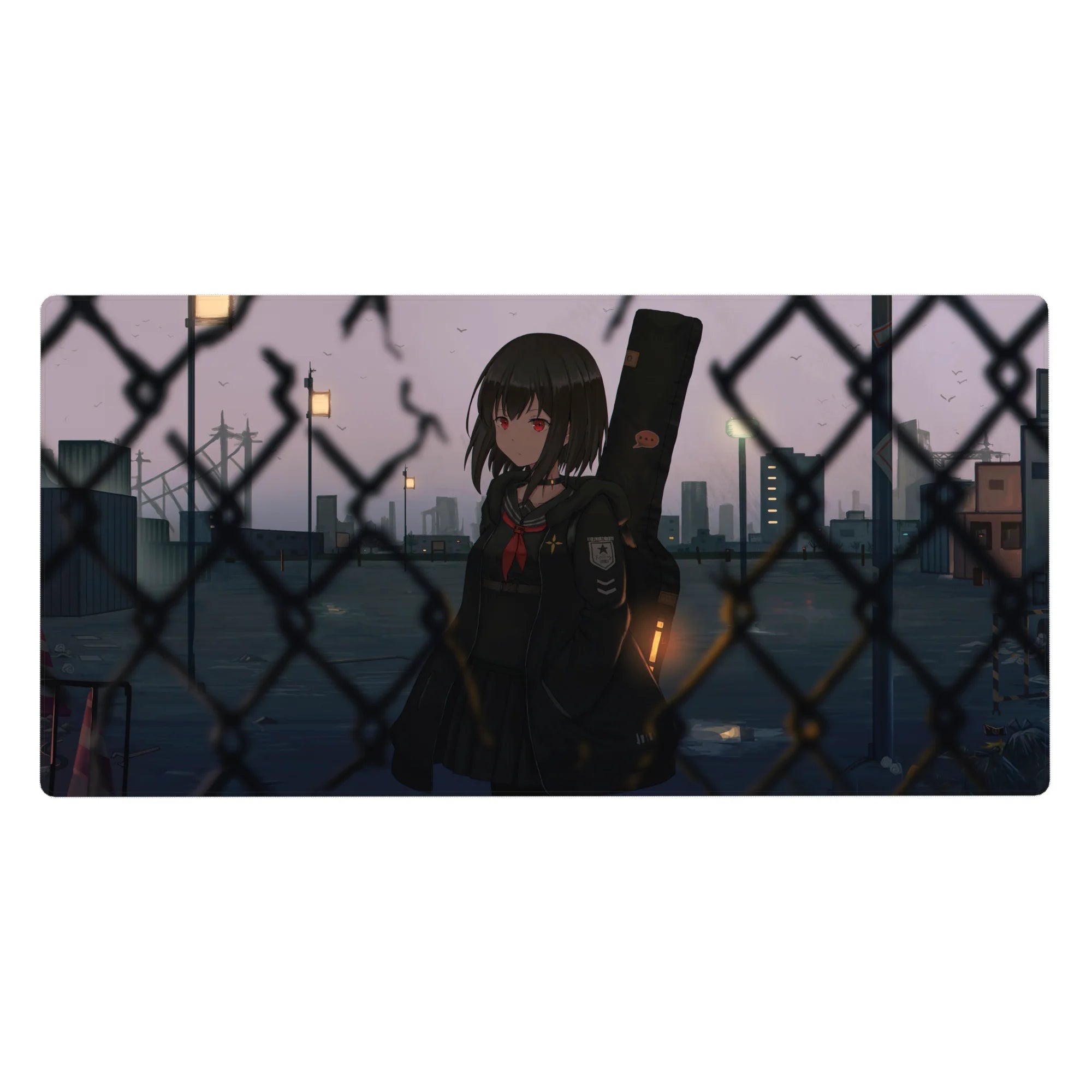 Anime girl desk pad 40x20 inches with red-eyed schoolgirl, guitar case, chain-link fence at dusk city.