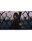 Anime girl desk pad 40x20 inches with red-eyed schoolgirl, guitar case, chain-link fence at dusk city.
