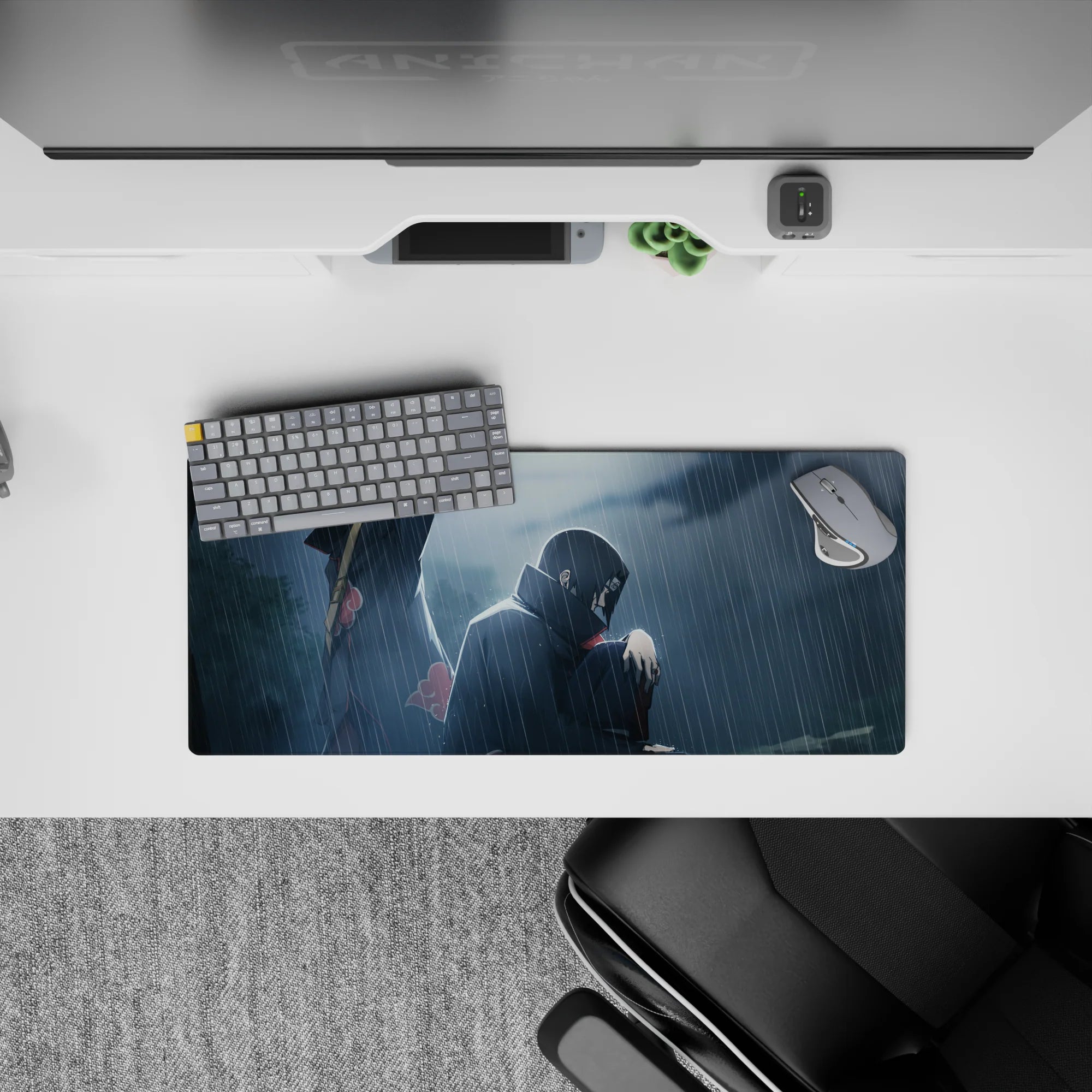 28x12 inches anime mouse pad in deep blues and smoky grays with moody lighting and red cloud accents.