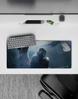 28x12 inches anime mouse pad in deep blues and smoky grays with moody lighting and red cloud accents.