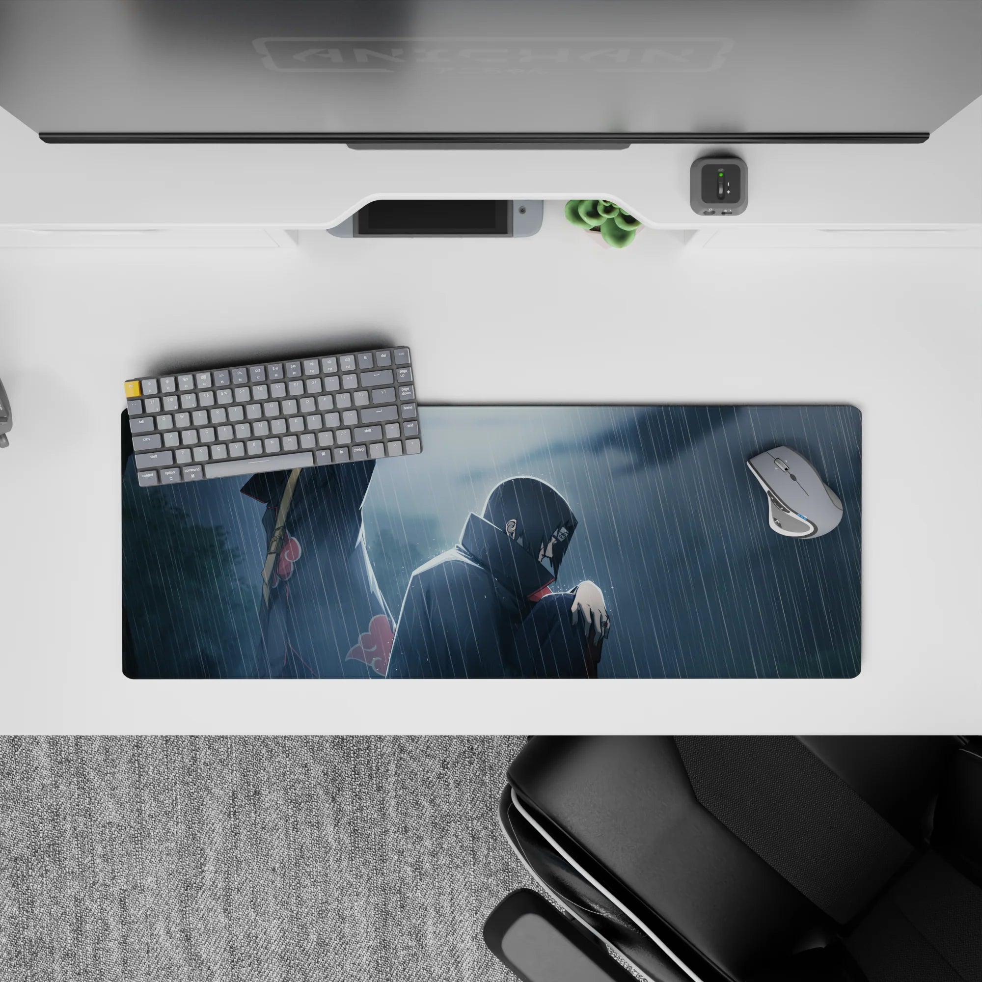32x12 inches anime mouse pad in deep blues and smoky grays, cinematic rain mood with red Akatsuki clouds.