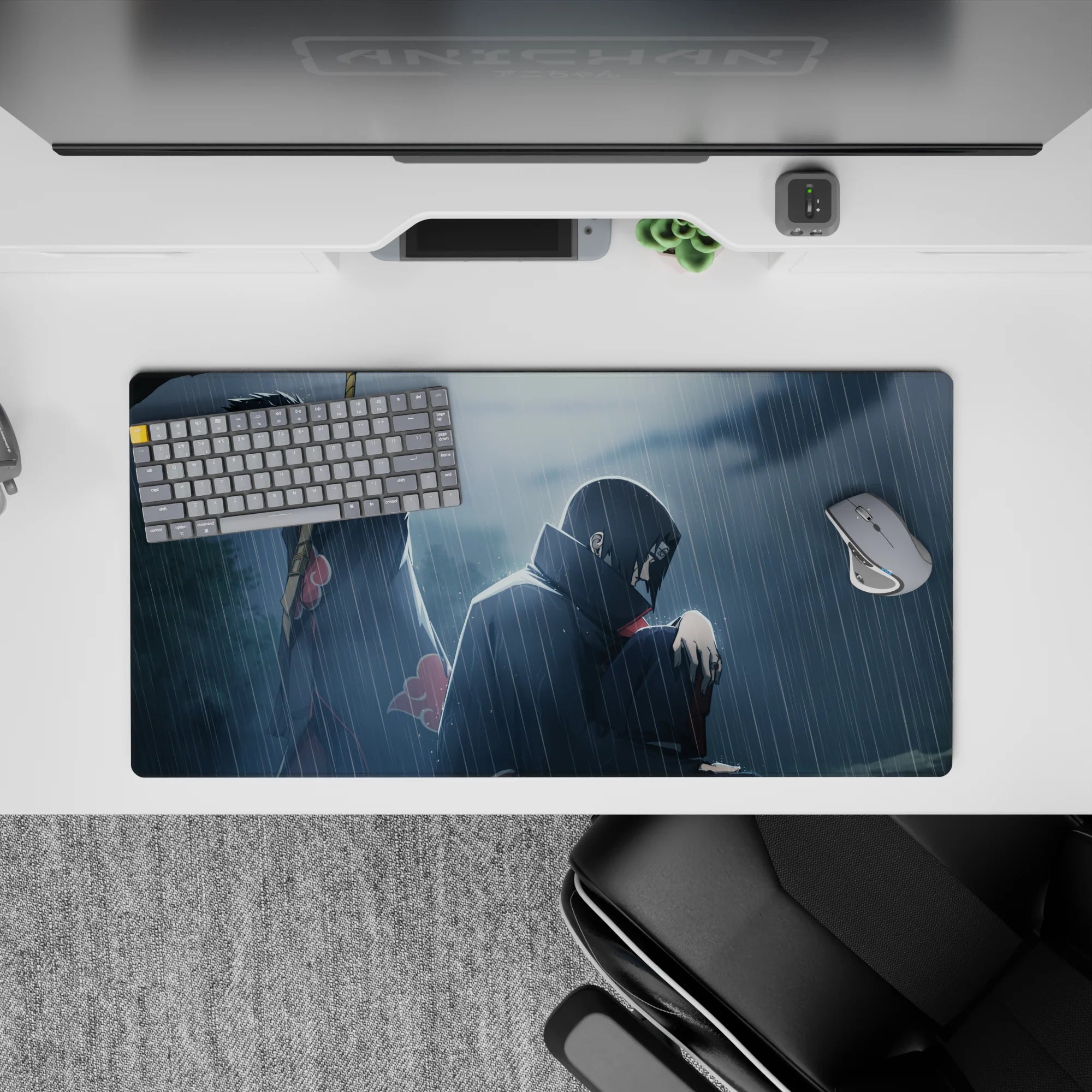 32x16 inches anime mouse pad in deep blues and smoky grays, moody lighting with red Akatsuki clouds.