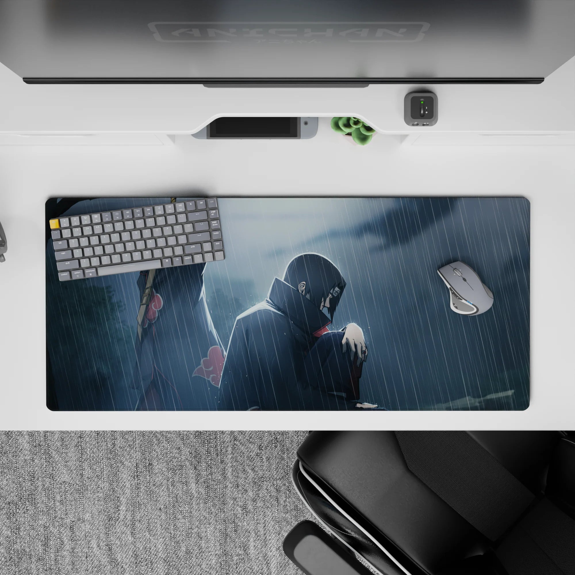 Moody deep blue and smoky gray anime desk pad with red Akatsuki clouds, 36x16 inches.