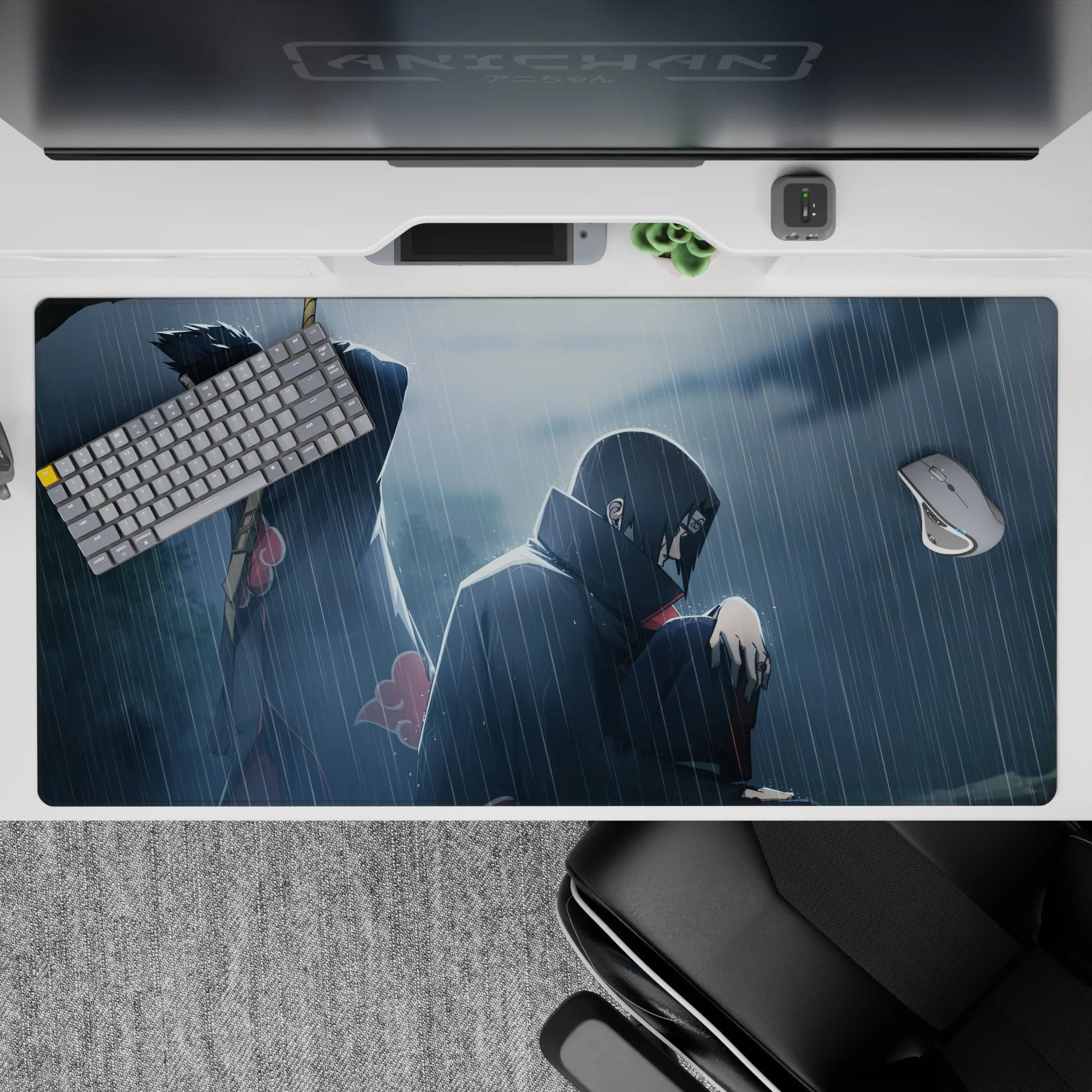 Moody blue-gray anime desk pad with red Akatsuki clouds, cinematic rainy night vibe, 40x20 inches.