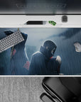 Moody blue-gray anime desk pad with red Akatsuki clouds, cinematic rainy night vibe, 40x20 inches.