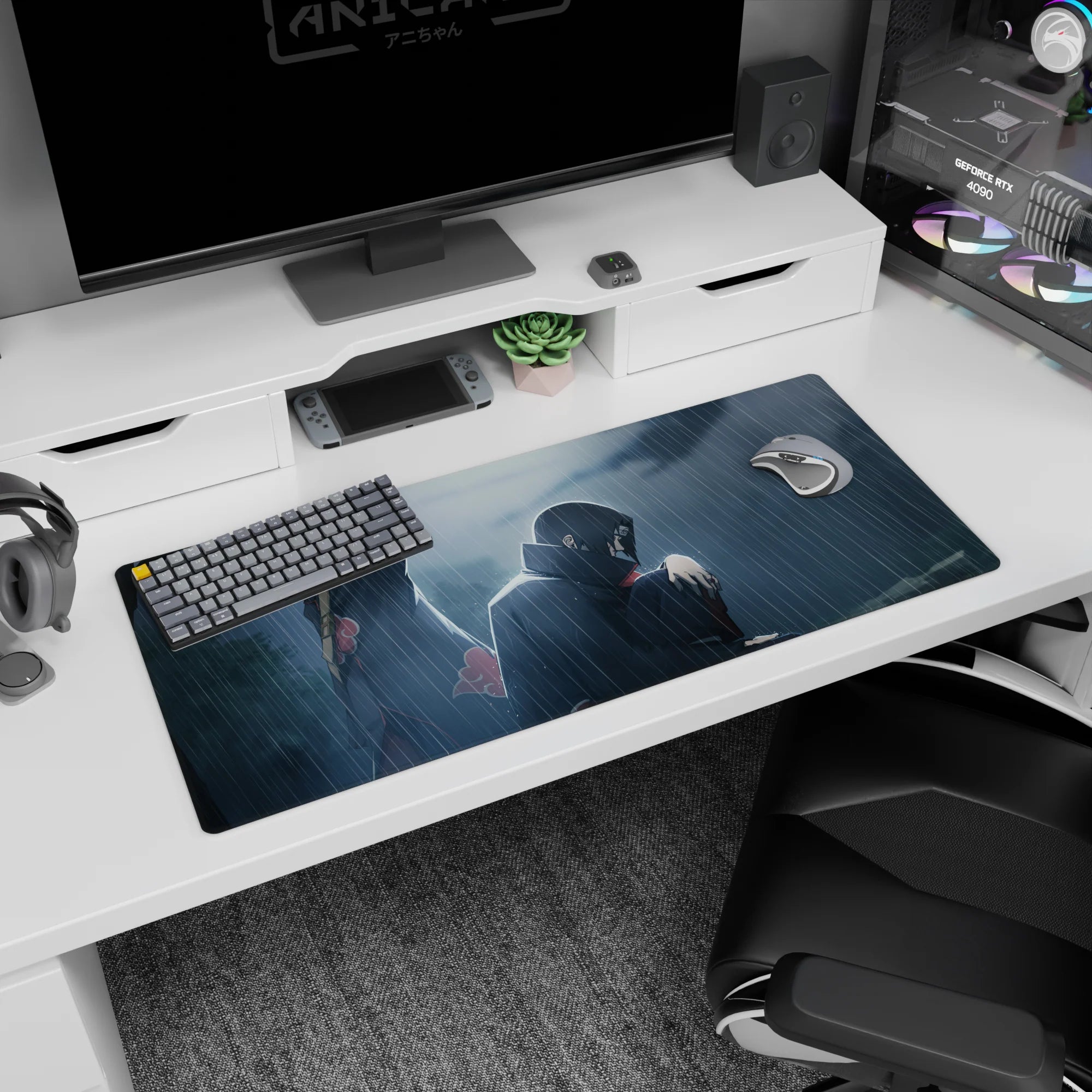 Itachi Uchiha crouched in rain with Kisame standing guard anime desk pad, 36x16 inches.