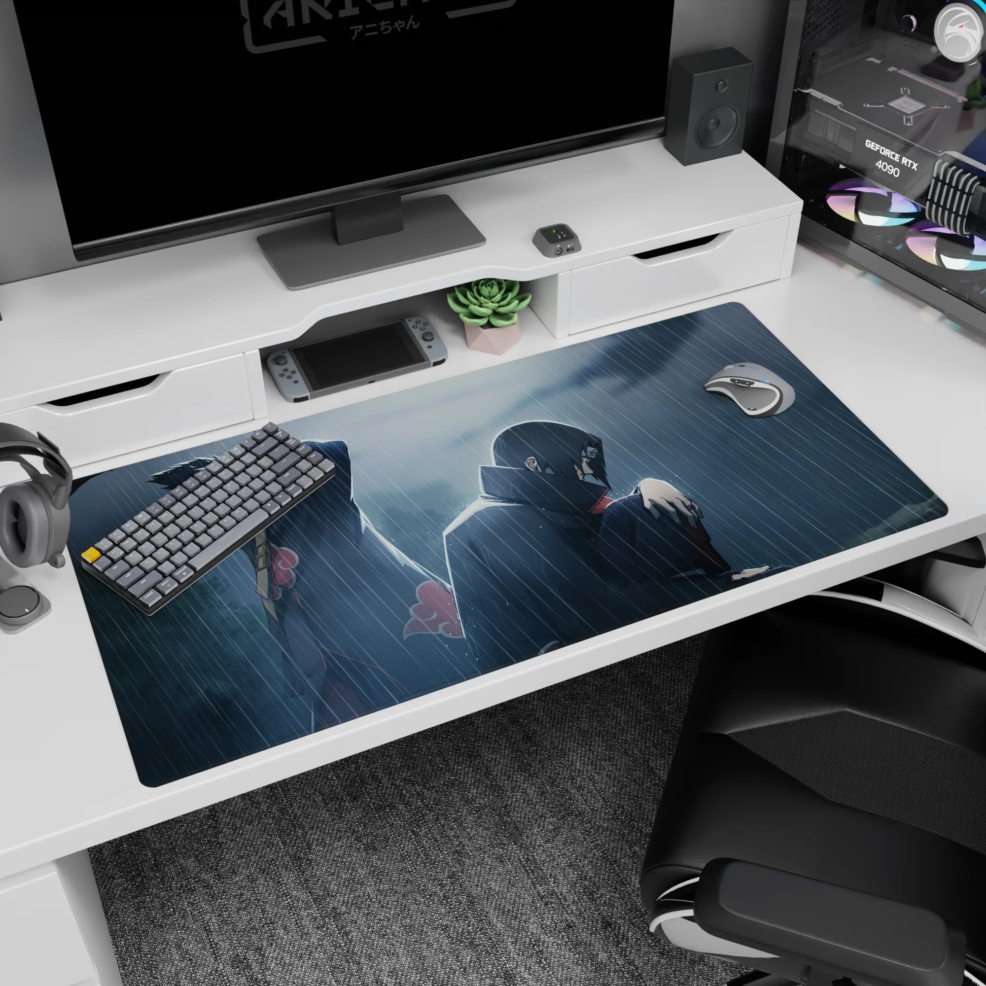 Itachi Uchiha crouching as Kisame stands guard in the rain anime desk pad, 40x20 inches.