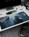 Itachi Uchiha crouching as Kisame stands guard in the rain anime desk pad, 40x20 inches.