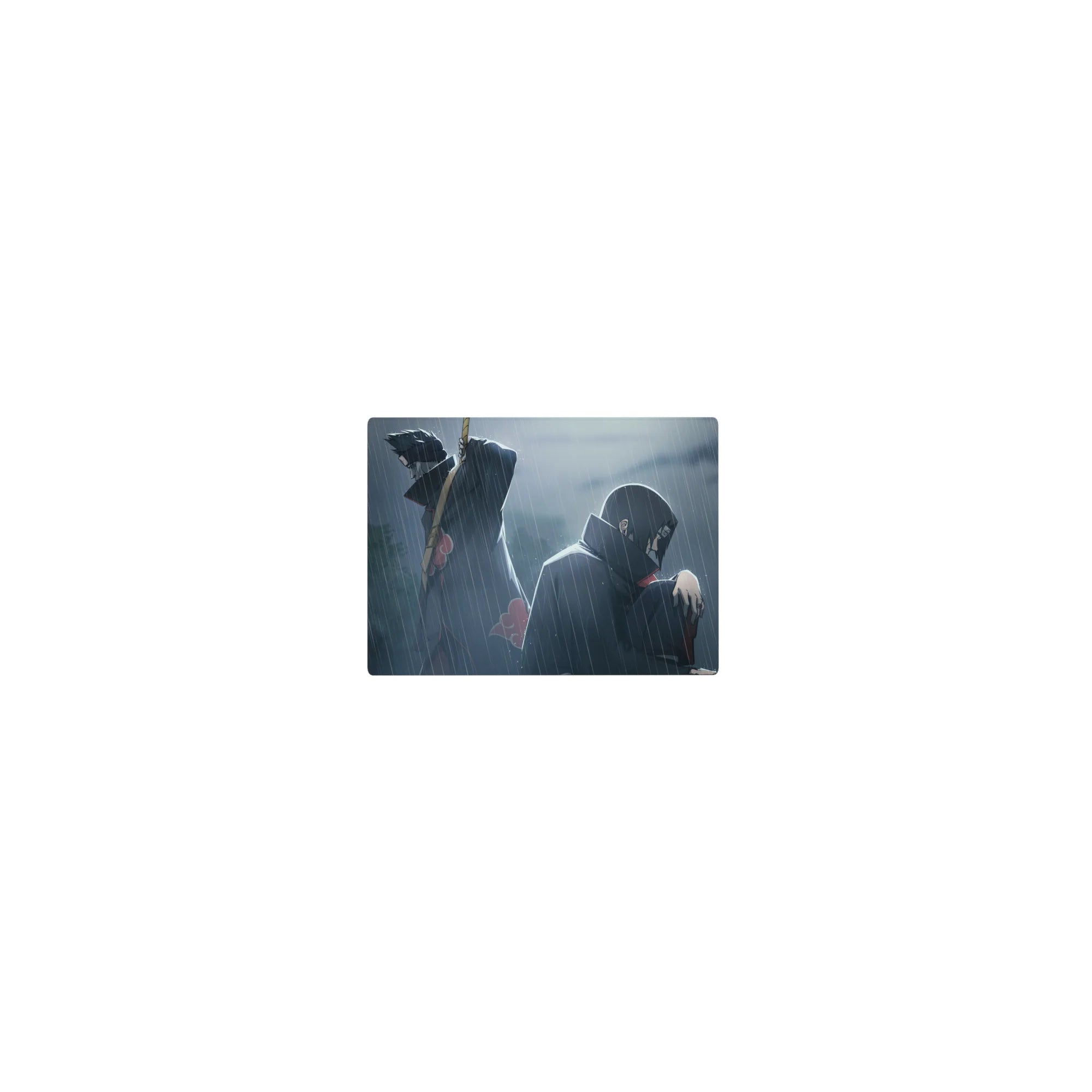 Classic anime mouse pad 14x10 inches with Akatsuki clouds, Itachi and Kisame in rainy night scene.
