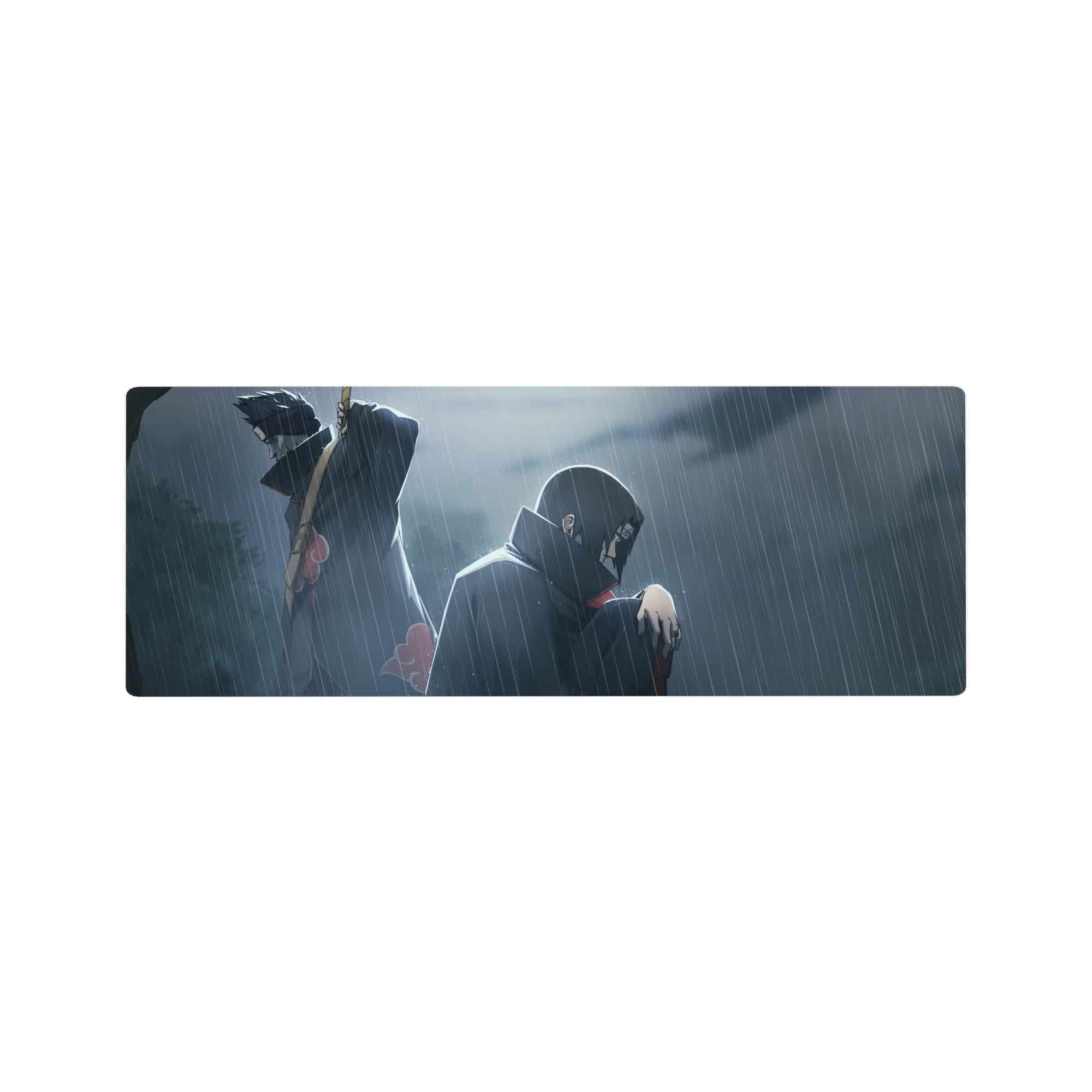 32x12 inches anime mouse pad with Akatsuki cloud design, Itachi and Kisame in a rainy Naruto scene.