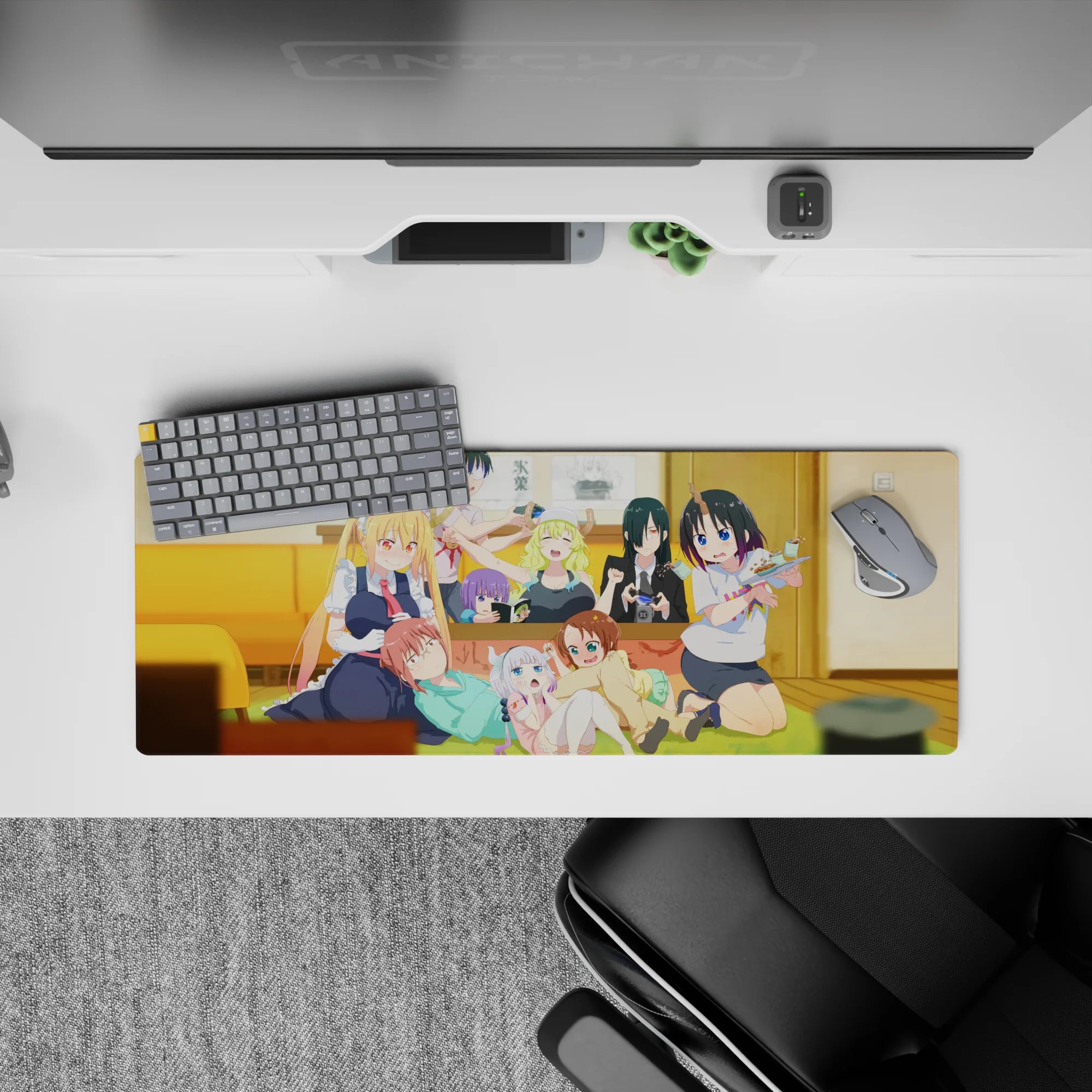 32x12 inches anime girl mouse pad with warm yellows, cozy greens, and candy-bright hair colors.