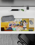32x12 inches anime girl mouse pad with warm yellows, cozy greens, and candy-bright hair colors.