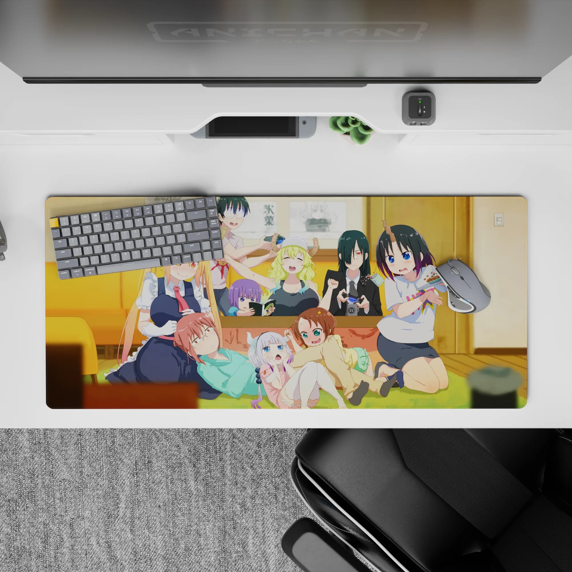 Anime girl desk pad 36x16 inches in warm yellows and cozy greens with candy-bright hair, cute chaotic vibes.
