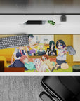 Anime girl desk pad 36x16 inches in warm yellows and cozy greens with candy-bright hair, cute chaotic vibes.
