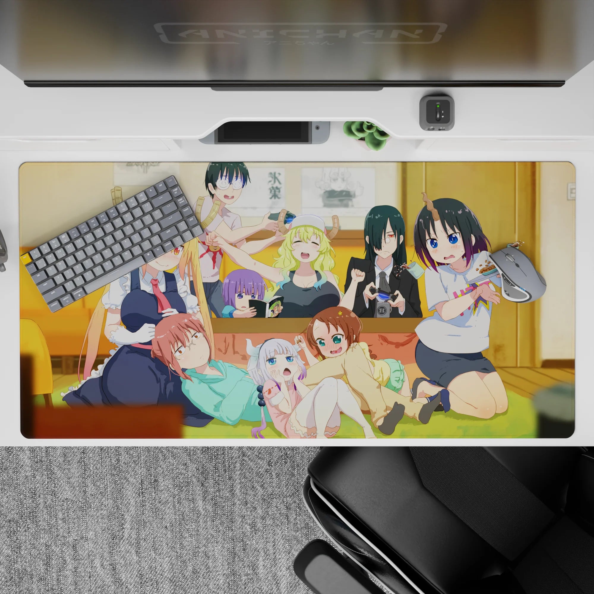 Anime girl desk pad 40x20 inches in warm yellows and cozy greens with candy-bright hair, cute vibes.