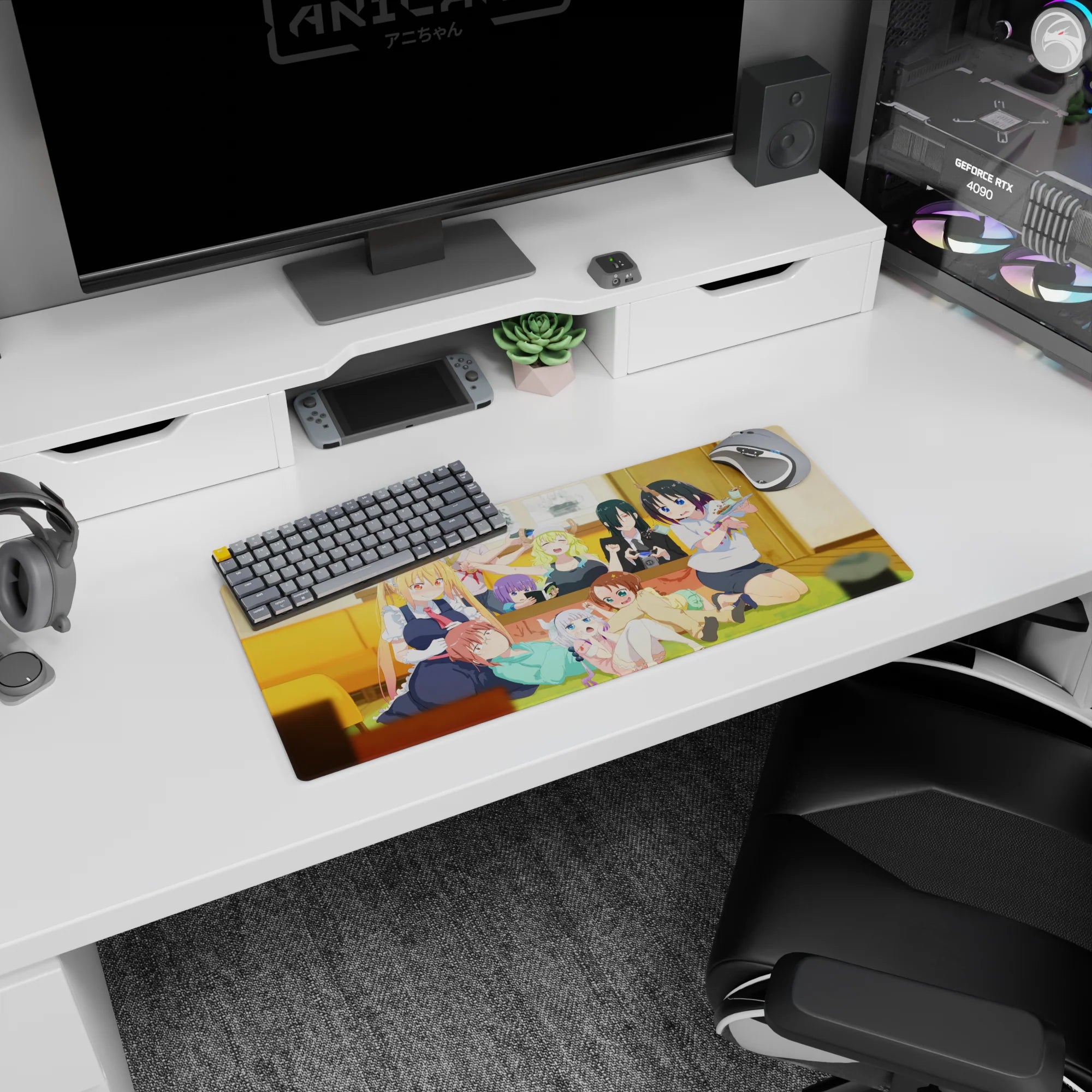 28x12 inches anime girl mouse pad featuring Tohru in maid outfit with shocked Kanna and Fafnir.