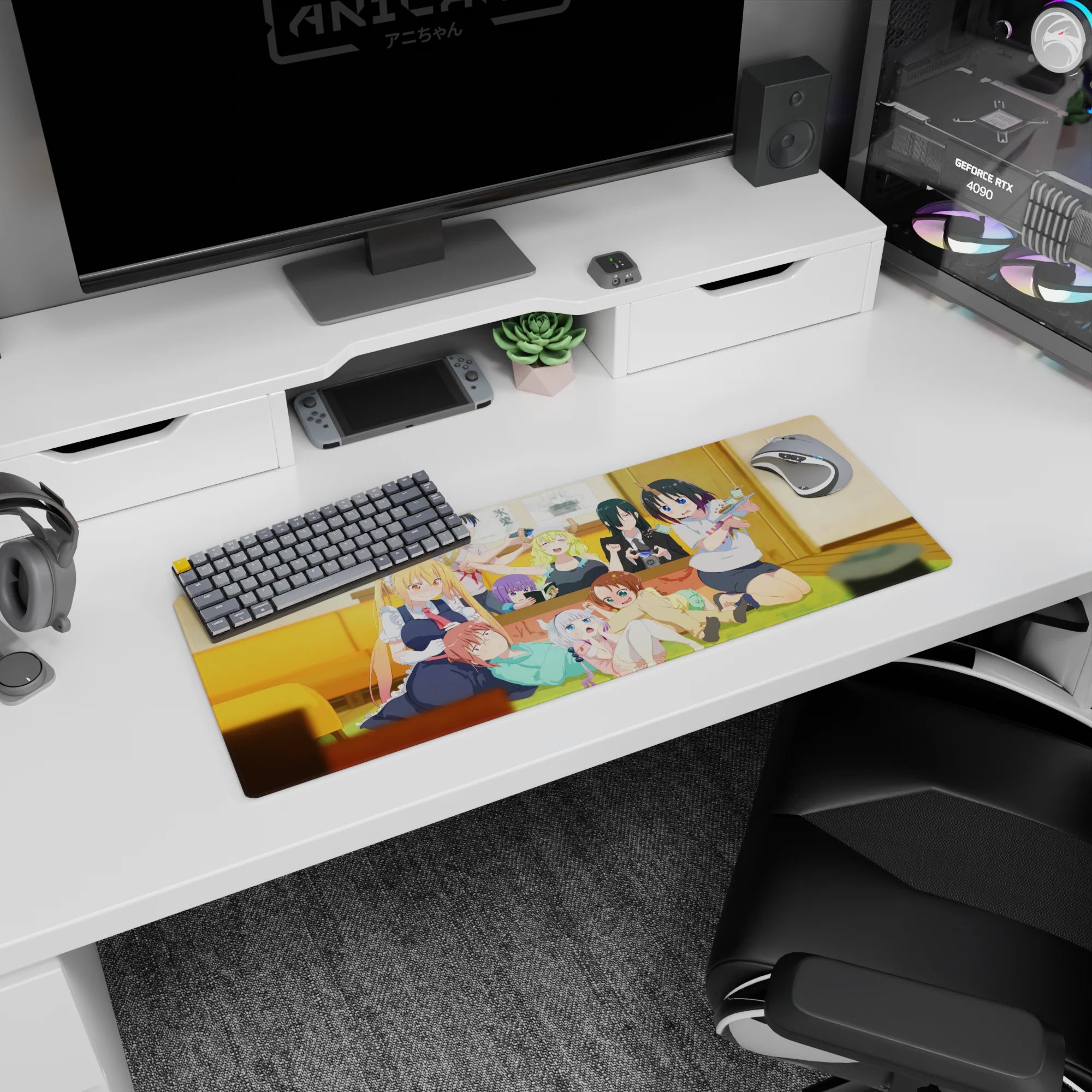 32x12 inches anime girl mouse pad showing Tohru in maid outfit with tiny shocked Kanna and Fafnir.