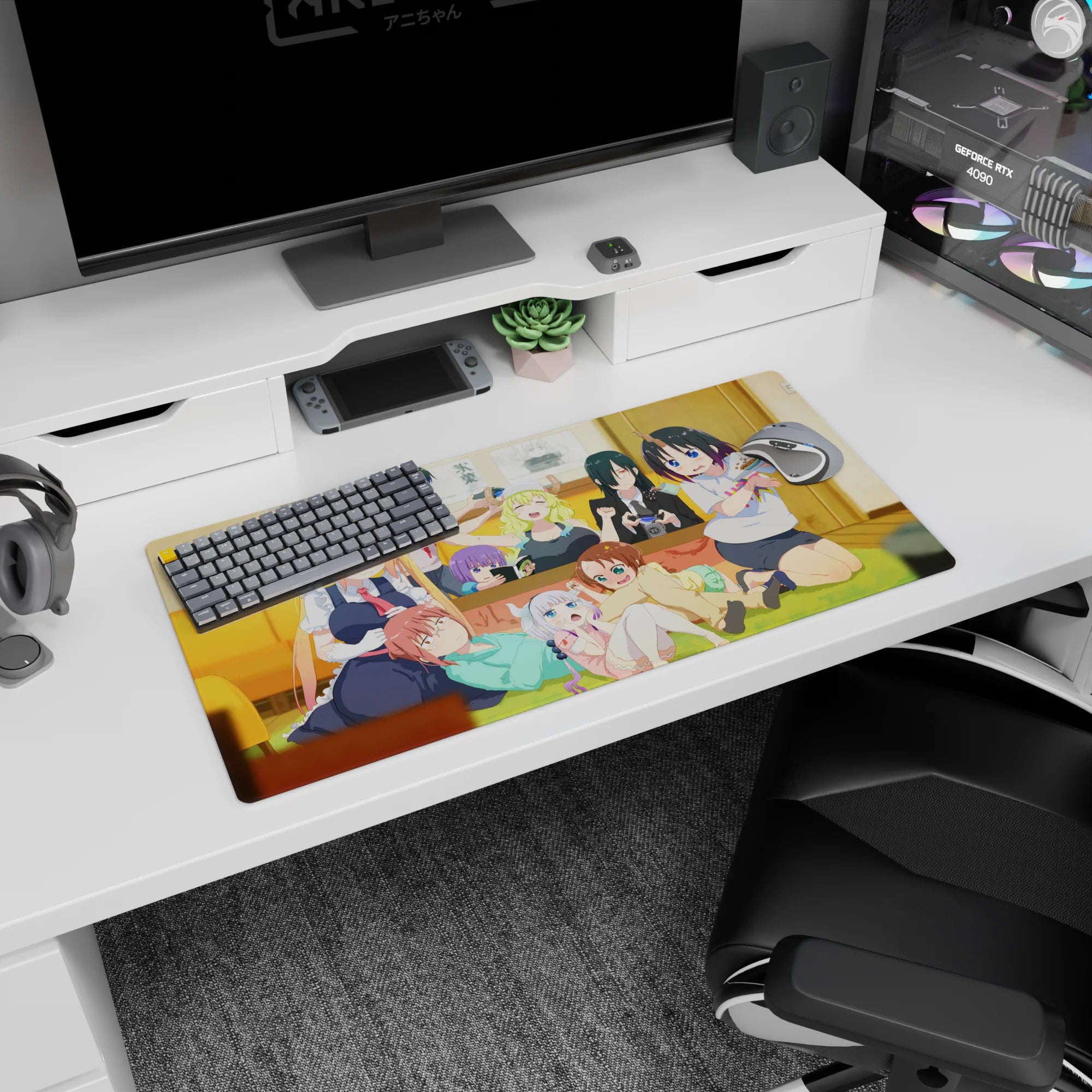 32x16 inches anime girl mouse pad featuring Tohru in maid outfit with Kanna shocked and Fafnir.