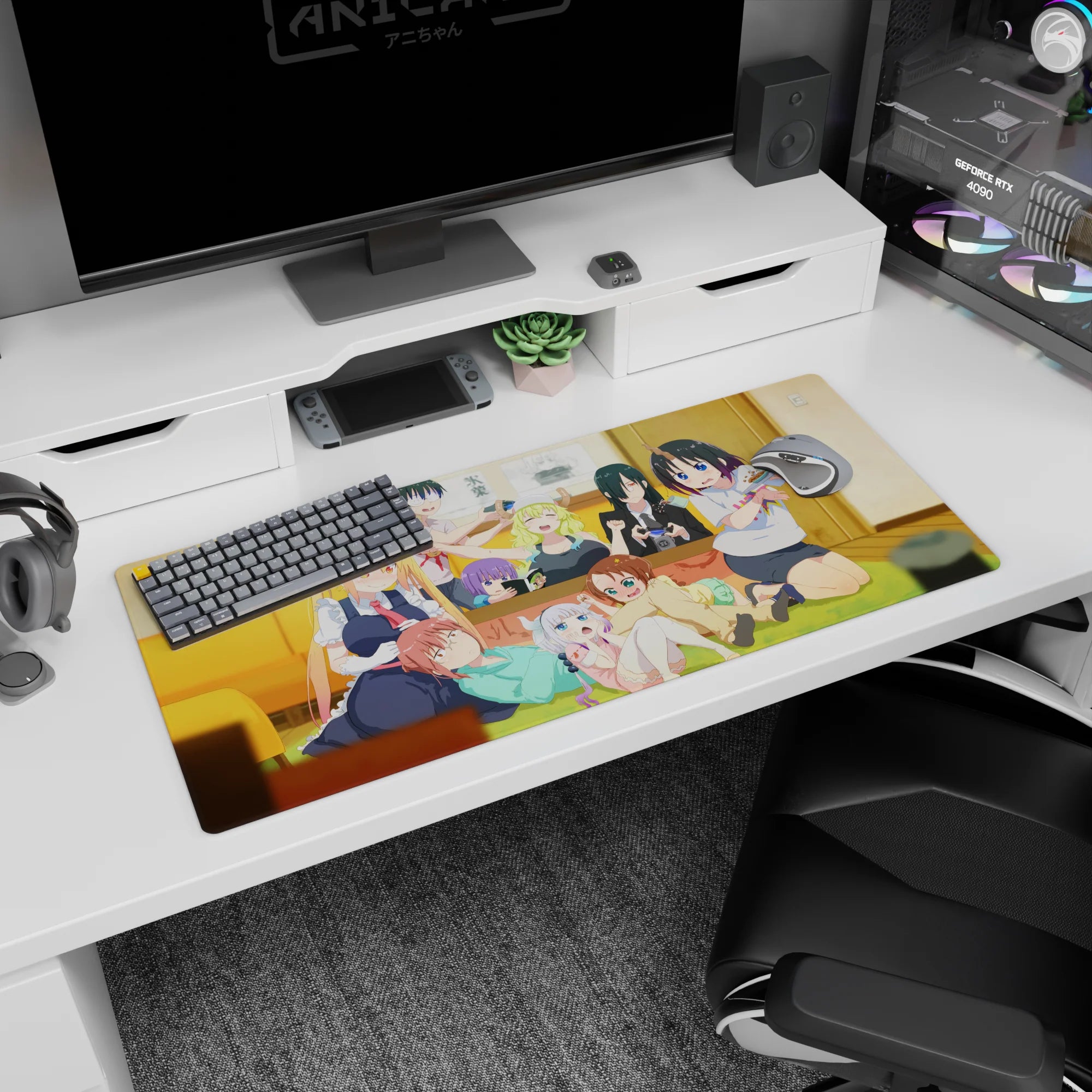 Anime girl desk pad 36x16 inches with Tohru in maid outfit, tiny shocked Kanna, and grumpy Fafnir behind.