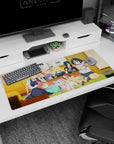 Anime girl desk pad 36x16 inches with Tohru in maid outfit, tiny shocked Kanna, and grumpy Fafnir behind.