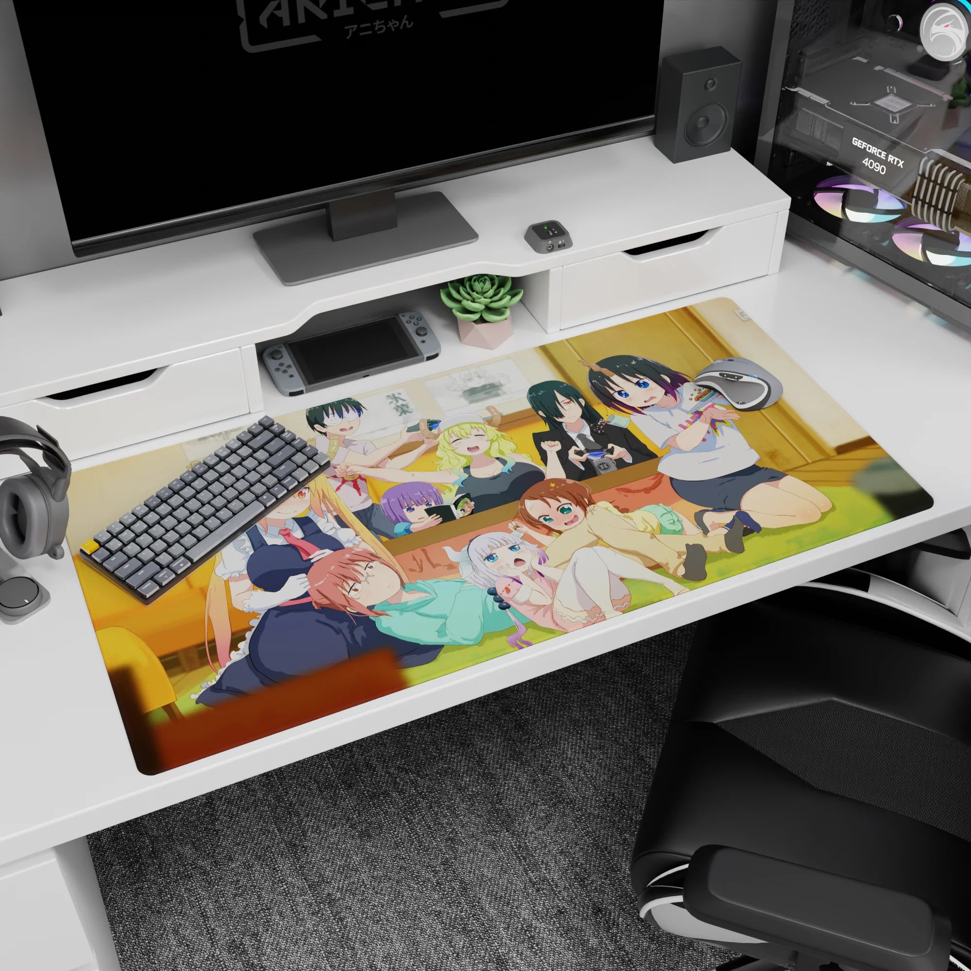 Anime girl desk pad 40x20 inches featuring Tohru in maid outfit, shocked Kanna, and brooding Fafnir.