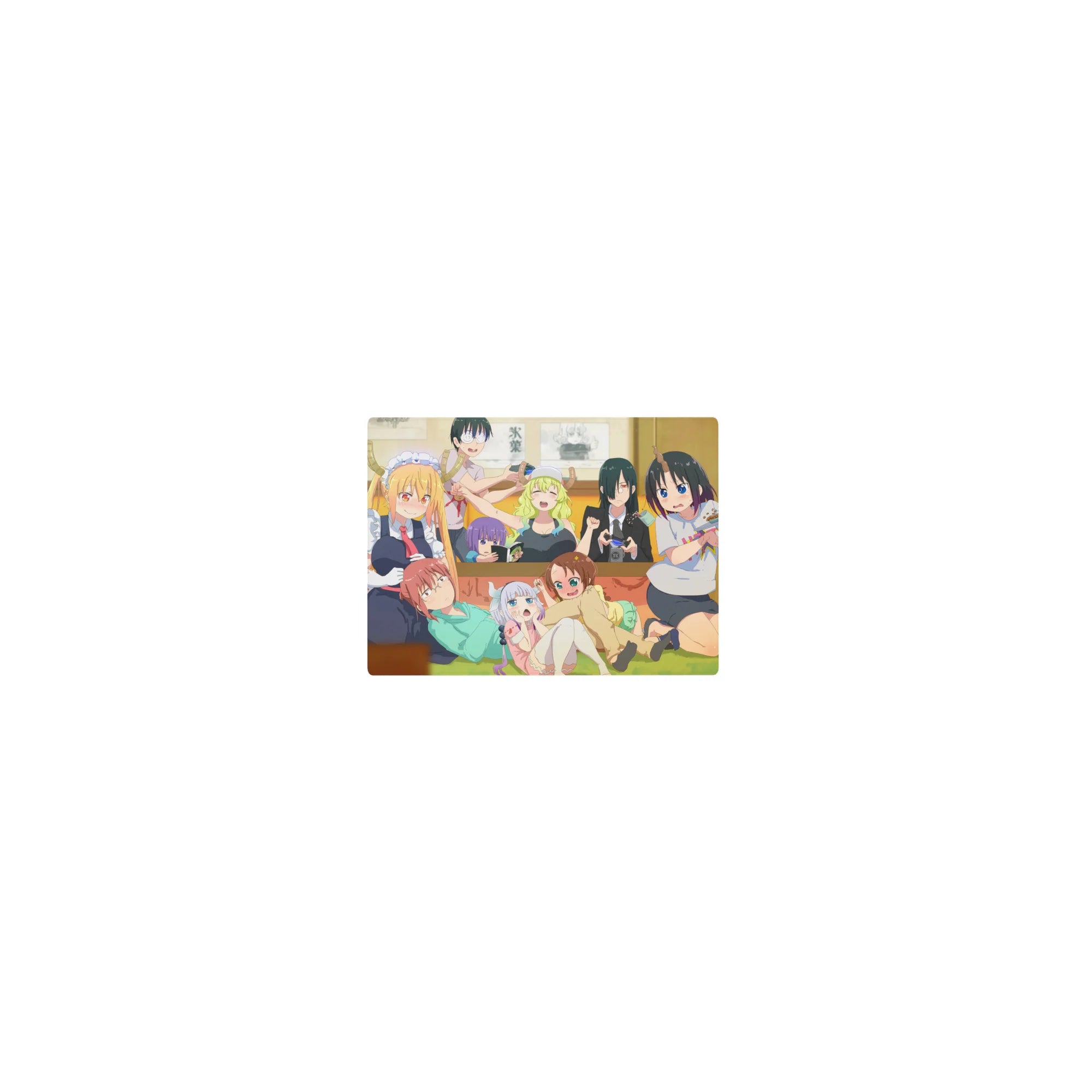 Classic anime girl mouse pad 14x10 inches featuring Dragon Maid chaos crew in a cozy living room scene.