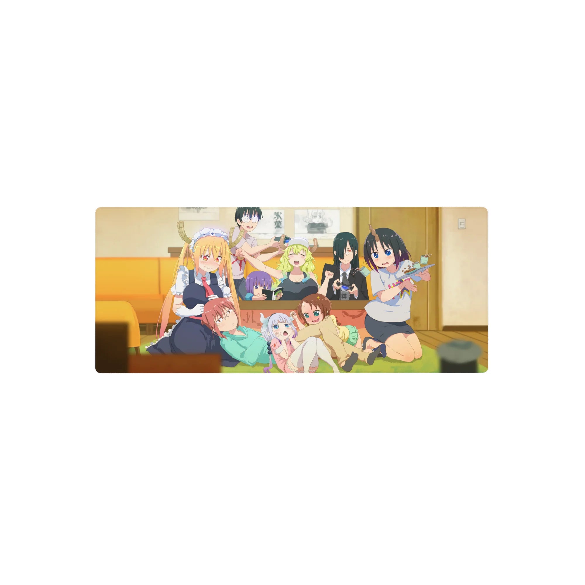 28x12 inches anime girl mouse pad with Dragon Maid chaos crew in a cozy living room scene.