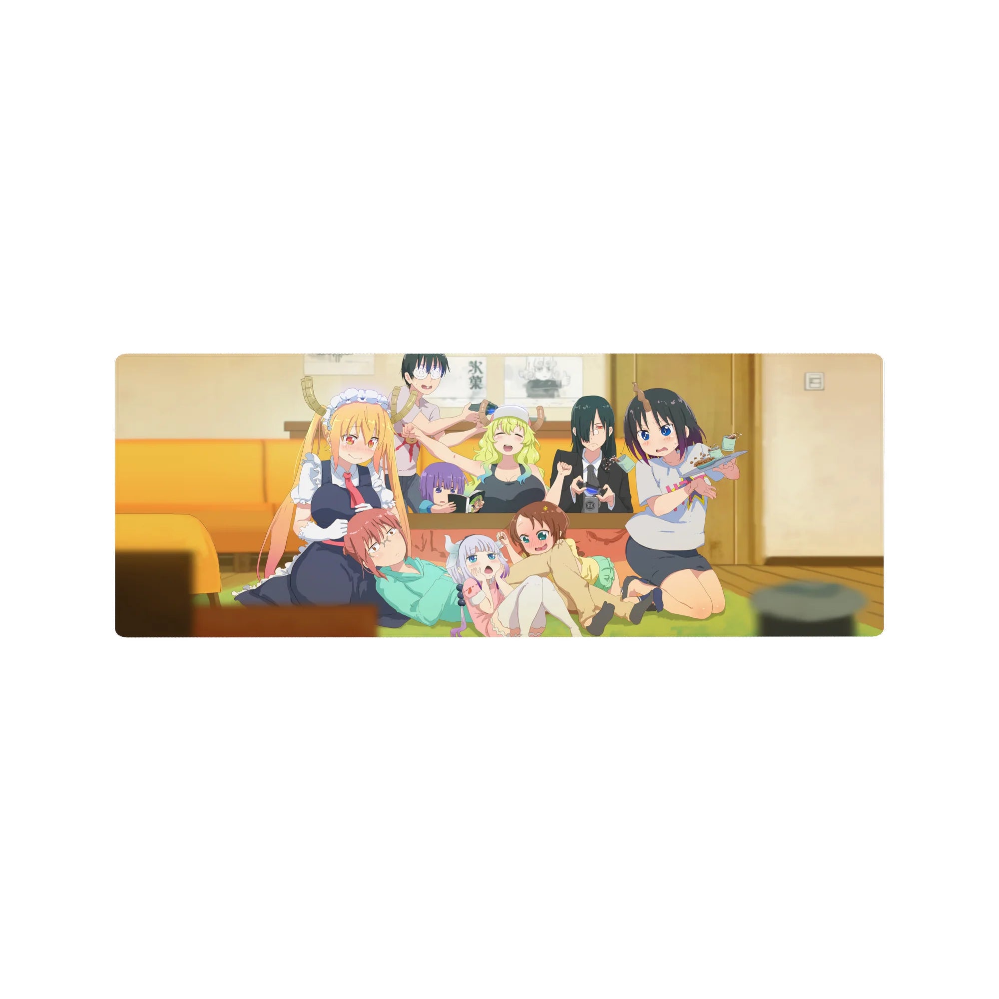 32x12 inches anime girl mouse pad featuring Dragon Maid chaos crew in a cozy living room scene.