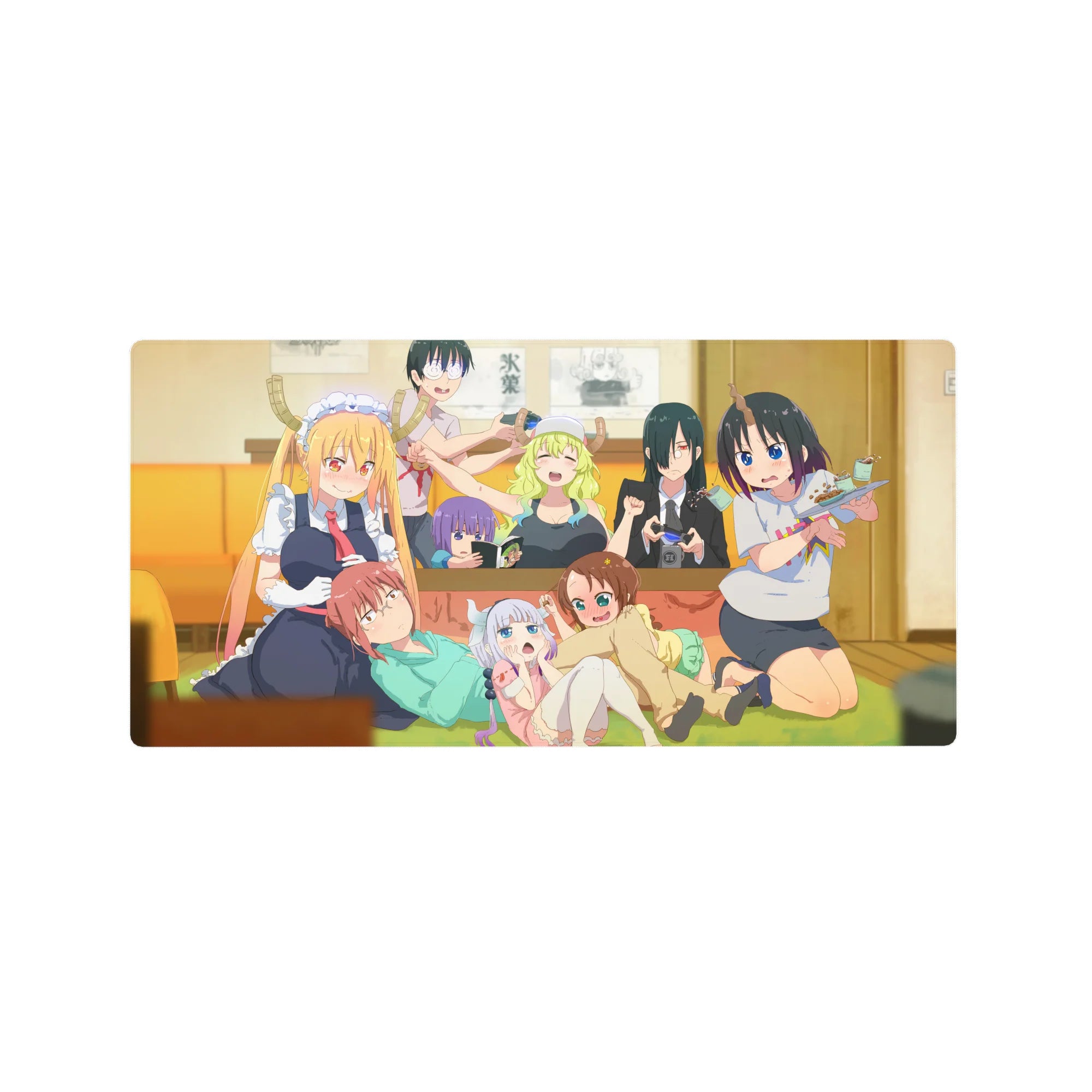 32x16 inches anime girl mouse pad with Dragon Maid chaos crew in a lively living room scene.