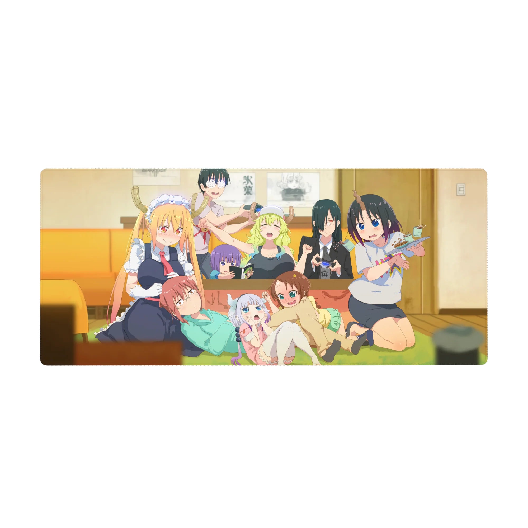 Anime girl desk pad 36x16 inches featuring Miss Kobayashi’s Dragon Maid chaos crew in a living room scene.