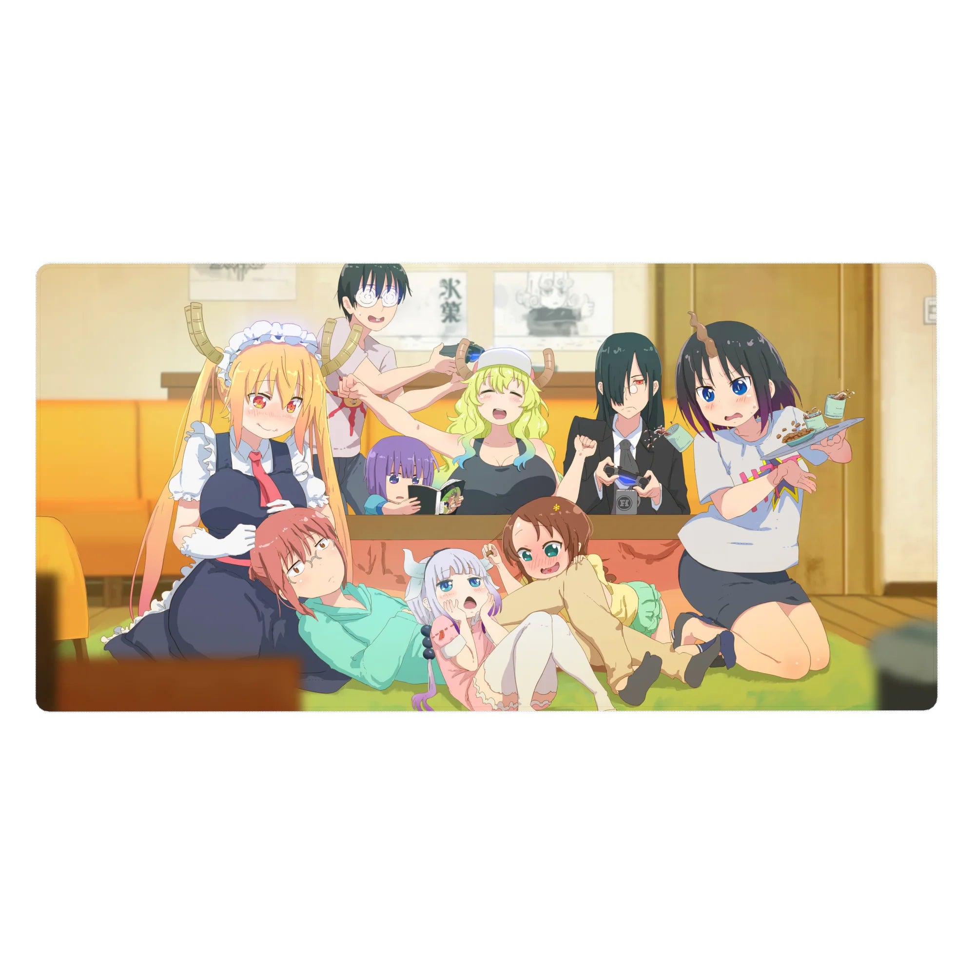 Anime girl desk pad 40x20 inches with Dragon Maid chaos crew in a lively living room scene.