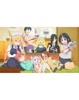 Anime girl desk pad 40x20 inches with Dragon Maid chaos crew in a lively living room scene.