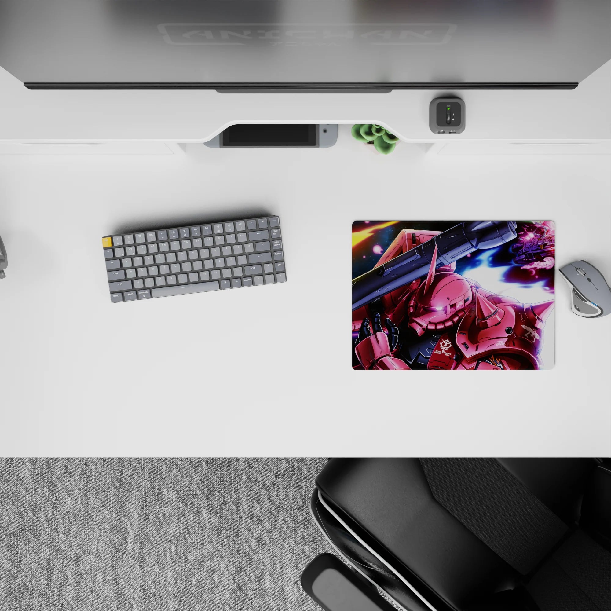 Neon magenta blasts on deep black with streaky blues, classic anime mouse pad 14x10 inches.