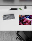 Neon magenta blasts on deep black with streaky blues, classic anime mouse pad 14x10 inches.