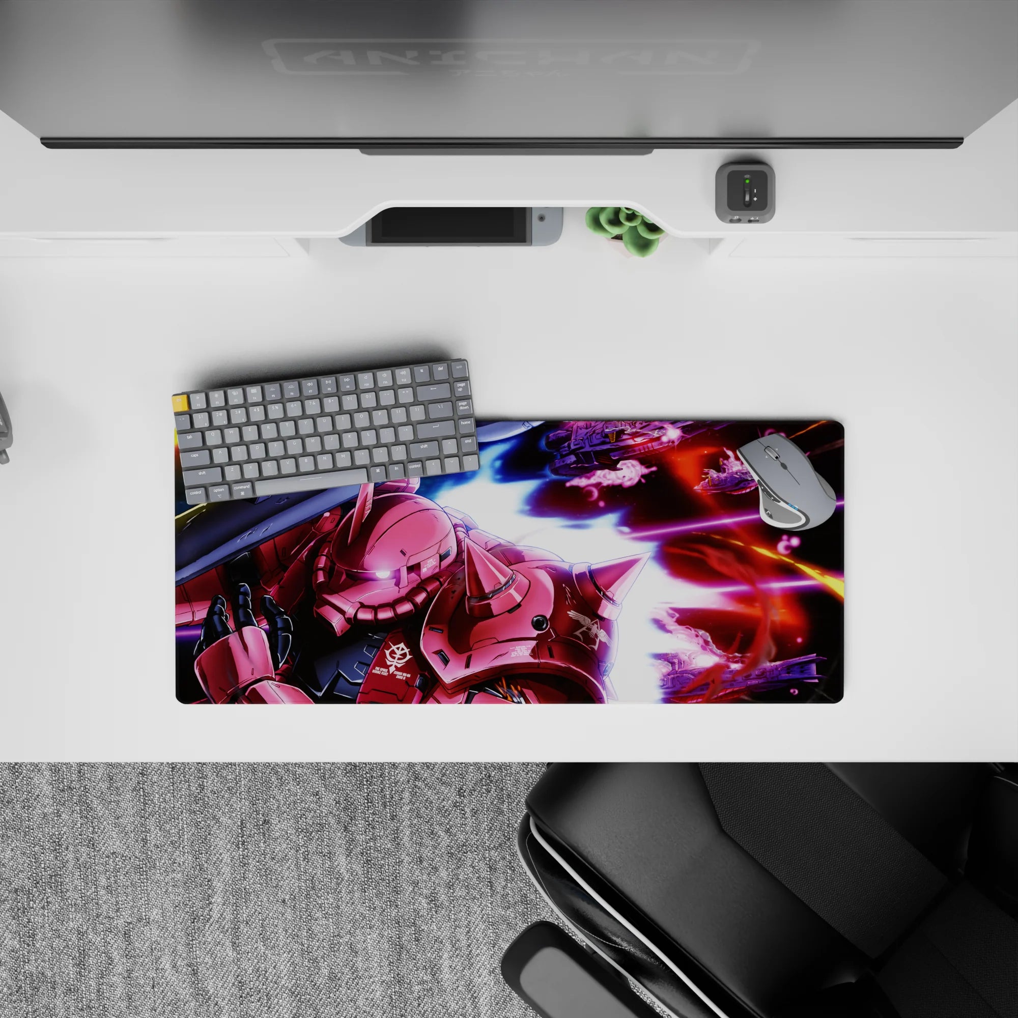 28x12 inches anime mouse pad in neon magenta, deep blacks, and streaky blues for cockpit vibes.