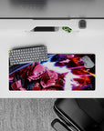 28x12 inches anime mouse pad in neon magenta, deep blacks, and streaky blues for cockpit vibes.