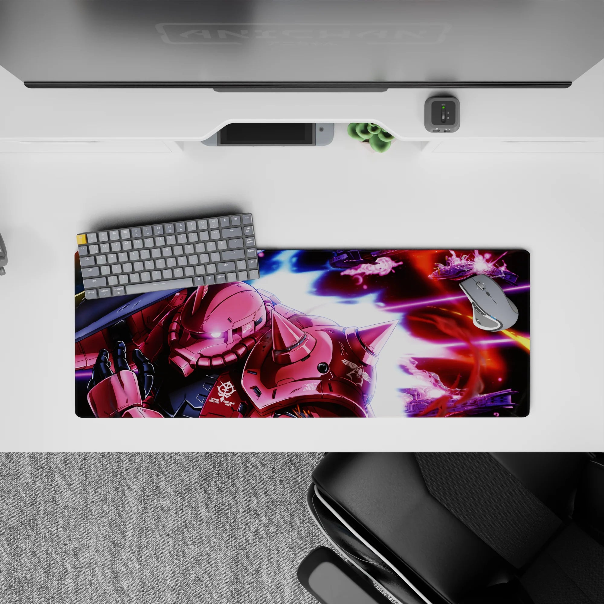 32x12 inches anime mouse pad in neon magenta, deep blacks, and streaky blues for a cockpit vibe.