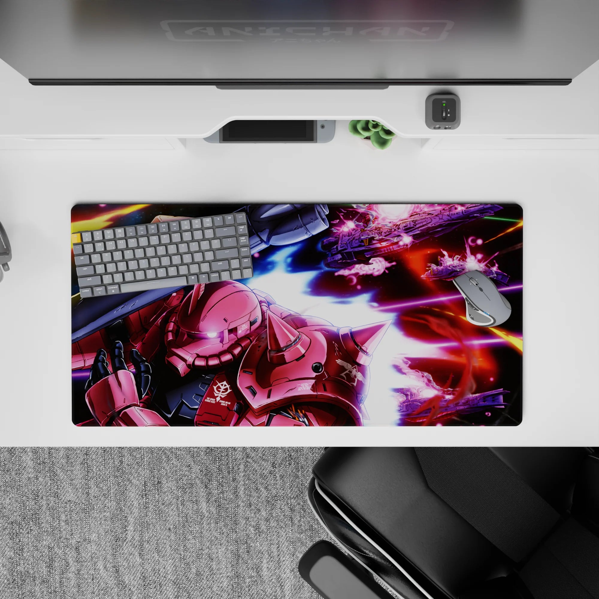 32x16 inches anime mouse pad in neon magenta, deep black, and streaky blue space cockpit vibe.