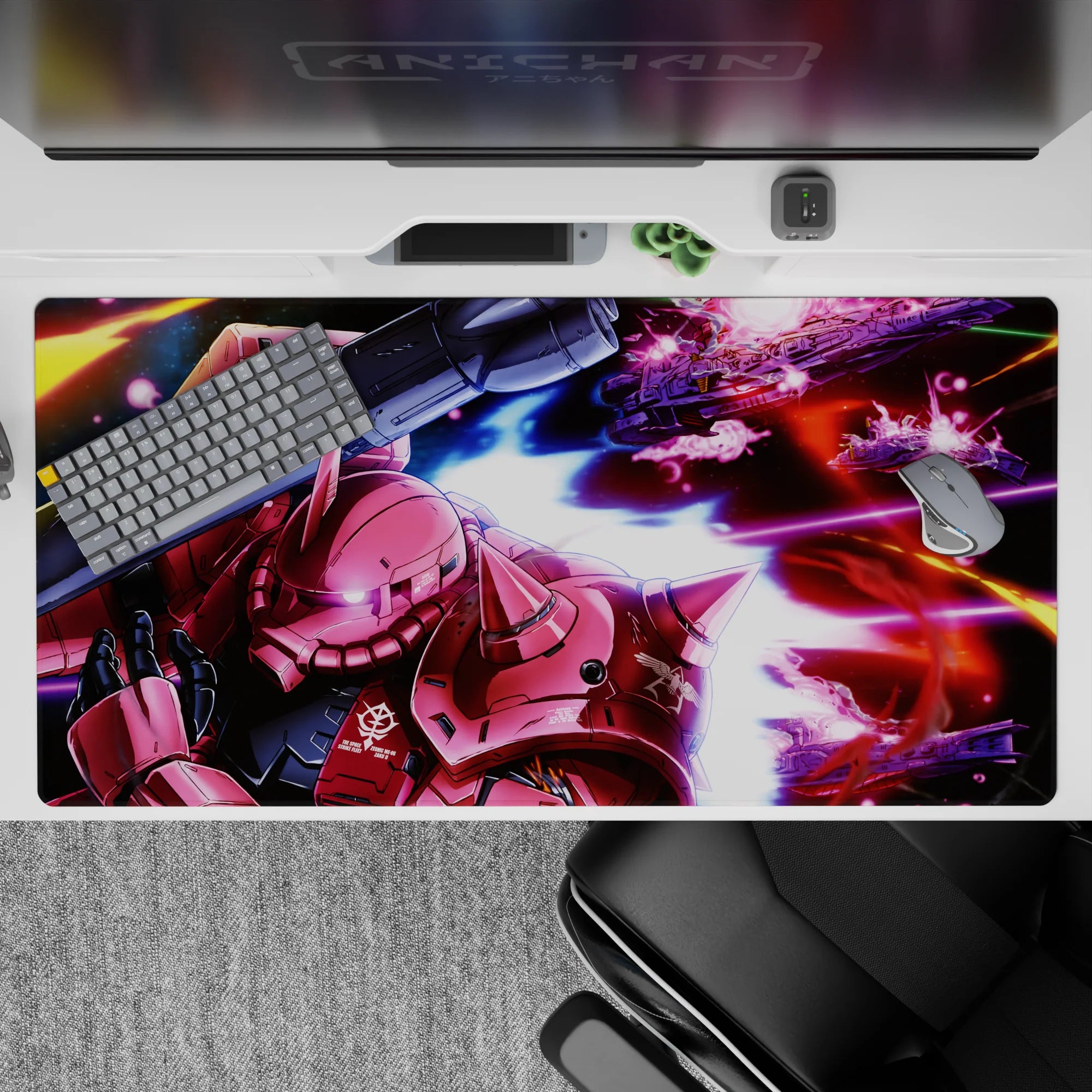 Neon magenta blasts, deep blacks, and streaky blues anime desk pad 40x20 inches for sleek cockpit vibes.