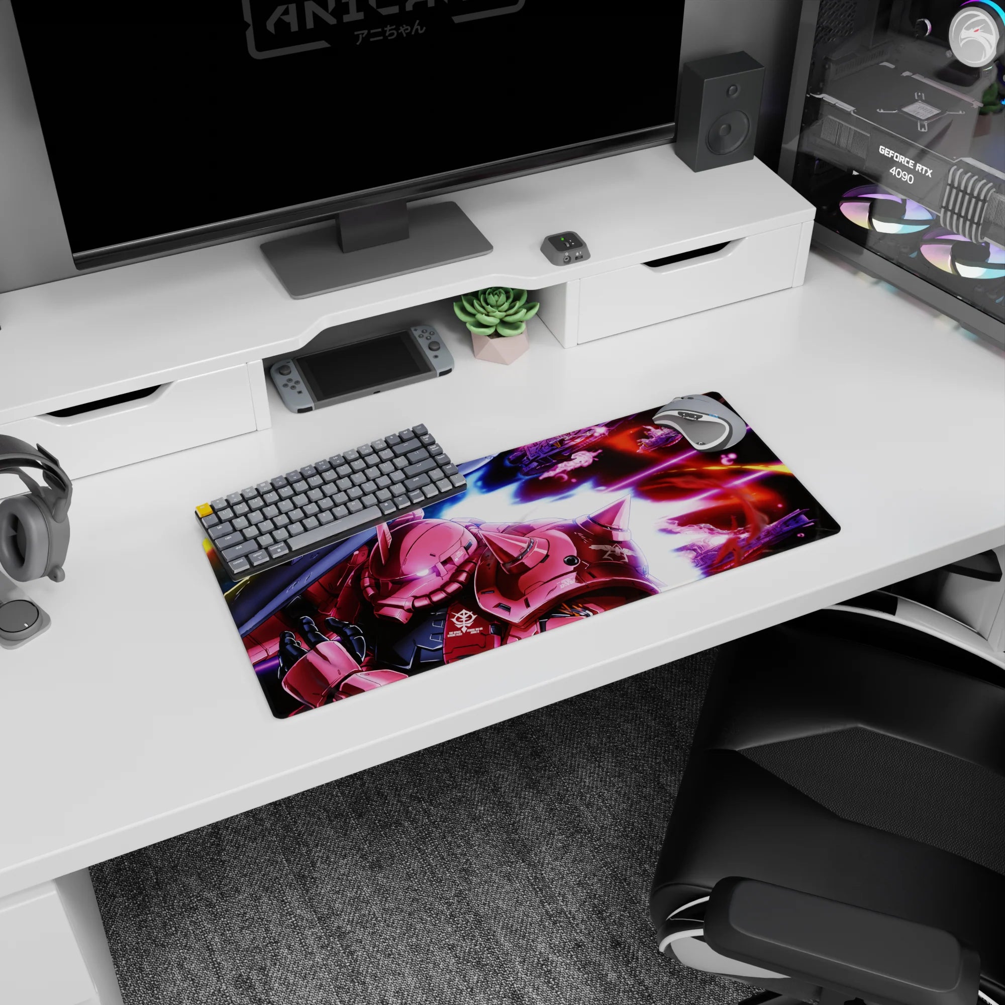 28x12 inches anime mouse pad showing Char’s red Zaku II aiming a bazooka amid magenta space blasts.
