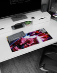 28x12 inches anime mouse pad showing Char’s red Zaku II aiming a bazooka amid magenta space blasts.