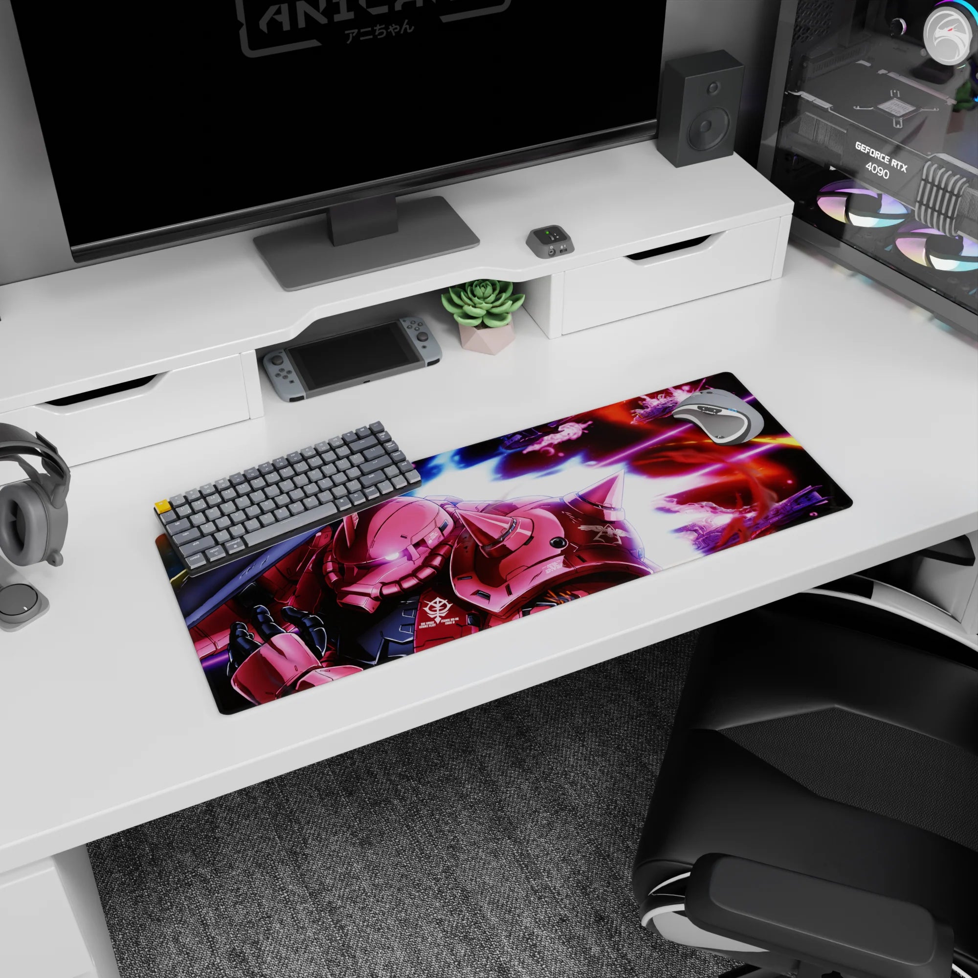 32x12 inches Mobile Suit Gundam mouse pad featuring Char Aznable’s red Zaku II storming through space.