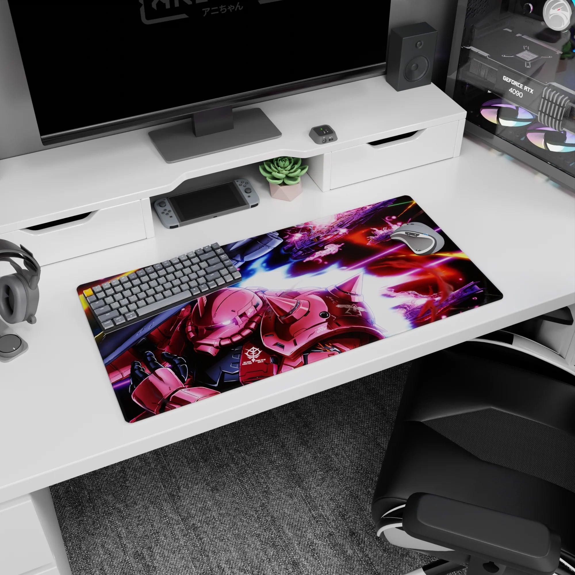 32x16 inches anime mouse pad showing Char’s red Zaku II aiming a bazooka amid magenta blasts in space.