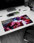 32x16 inches anime mouse pad showing Char’s red Zaku II aiming a bazooka amid magenta blasts in space.